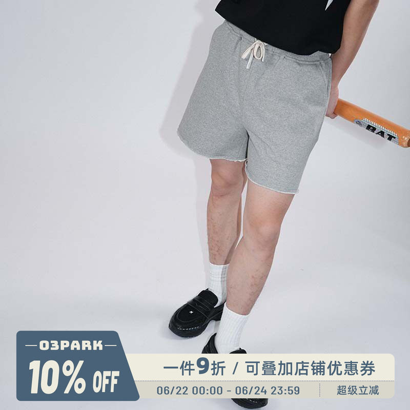 O3PARK夏新百搭宽松运动休闲四分短裤美式重磅毛边卷边短卫裤 - 实物图