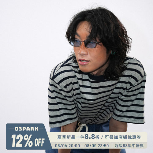 O3PARK夏季日系宽松短袖条纹T恤