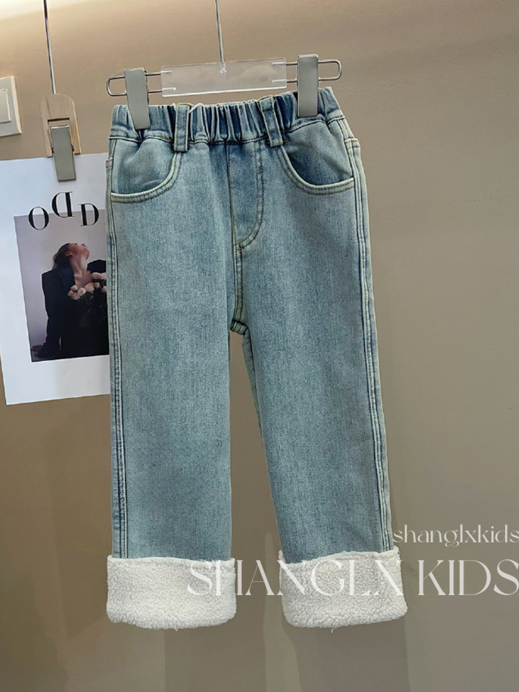女童裤子秋冬款烟管直筒裤童加厚加绒牛仔裤一条过冬天儿童冬季潮
