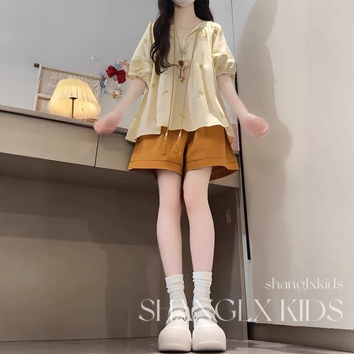 女童泡泡袖娃娃衫短裤套装