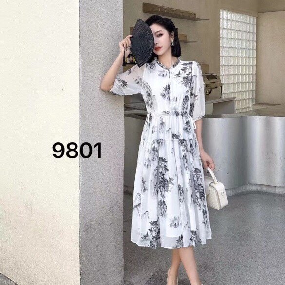 【杨杨和花哥】夏季高腰气质水墨画真丝连衣裙#9801裙长110