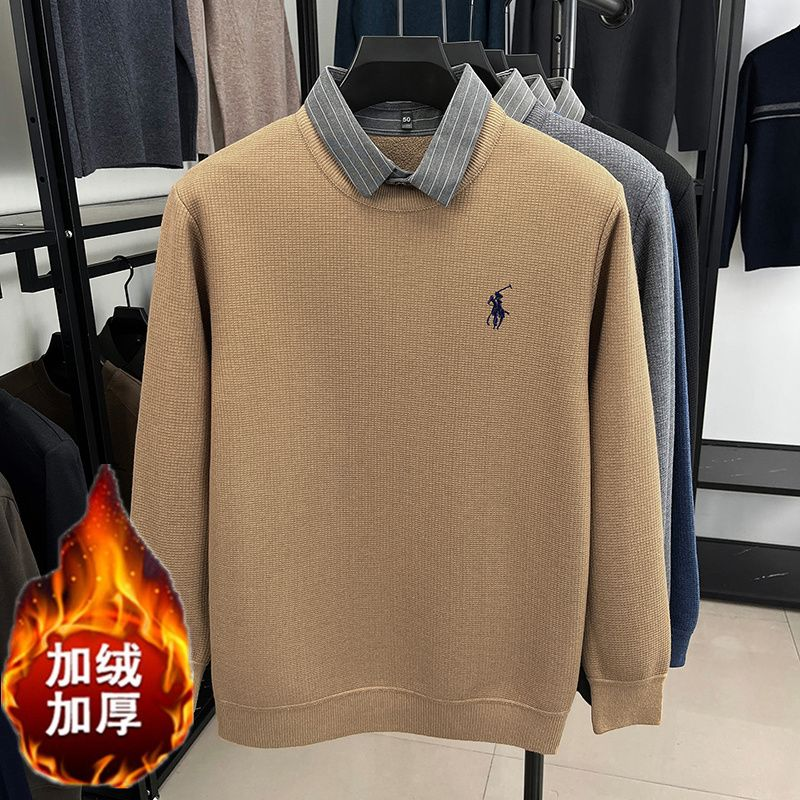 一体绒假两件衬衫领男士冬季加绒加厚翻领保暖针织打底衫#5527
