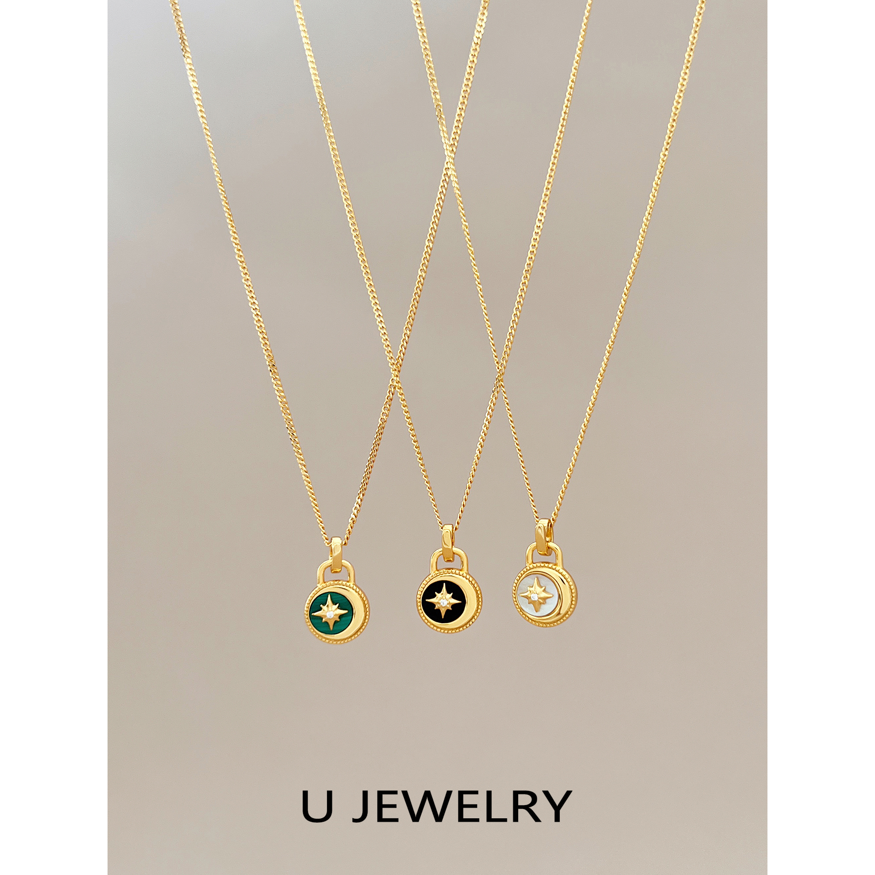 U 925纯银镀18K金项链星月吊坠欧美轻奢天然黑玛瑙贝母叠戴锁骨链