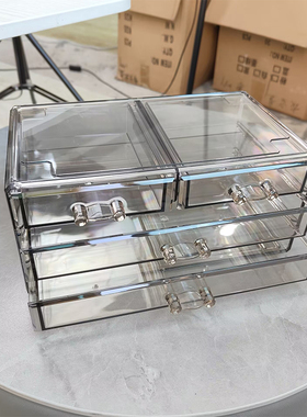 透灰色桌面抽屉式口红化妆品收纳盒办公文具整理架家庭药品收纳盒