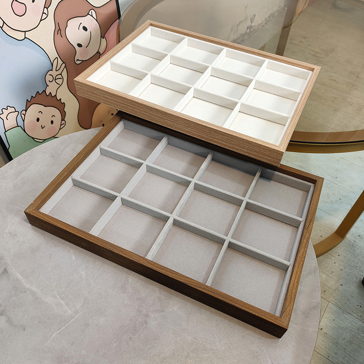 大号竹木纹桌面珠宝手链绒布首饰盘小吧唧摆放盘耳环饰品纪念币盘