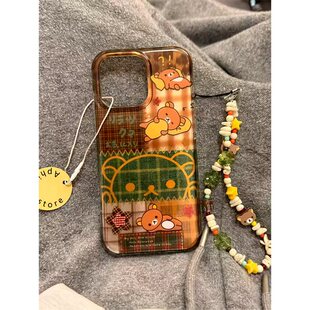 棕格纹轻松熊适用苹果17promax锡纸手机壳iPhone15新款16/17/14plus小众创意13pro可爱卡通12/11防摔保护套壳
