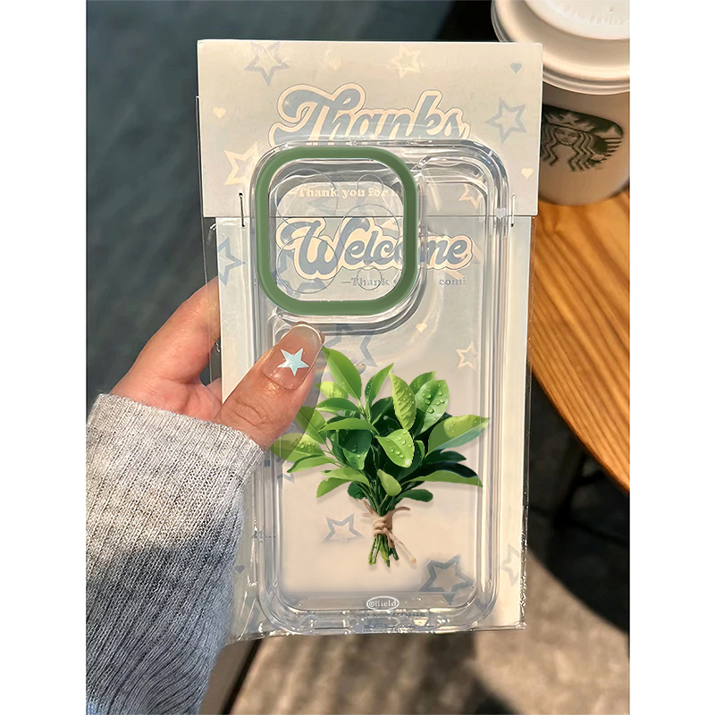 绿框清新柚子叶适用苹果17promax太空手机壳透明iPhone16/15/14/13pro/11华为P70vivo小米17/15prooppo硅胶套