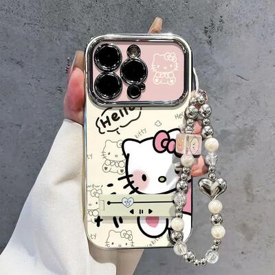 爱心KT猫支架挂链壳适用苹果17promax电镀视窗手机壳iPhone16pro新款15/14/13promax全包防摔12pro女款11高级