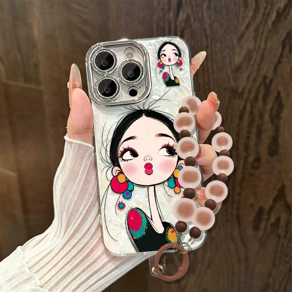 耳坠女孩挂链适用苹果17promax轻奢高级贝壳纹手机壳iPhone16pro个性15pro小众创意14/13pro全包防摔12女款11