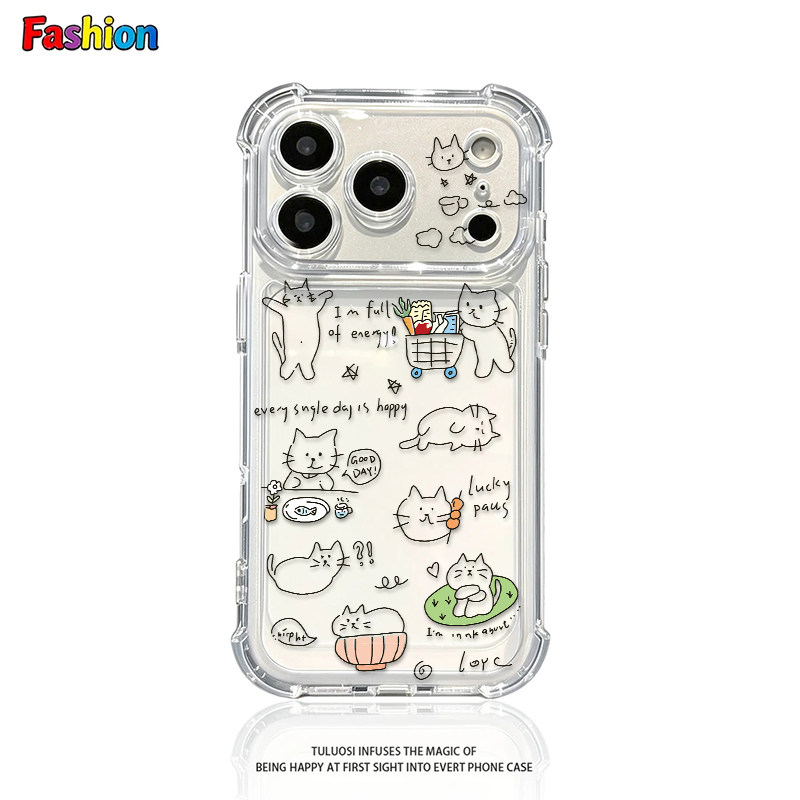 线条猫购物适用苹果17promax防摔气囊手机壳iPhone16/15/14/13Pro全包透明vivo华为P70小米17oppo个性保护套