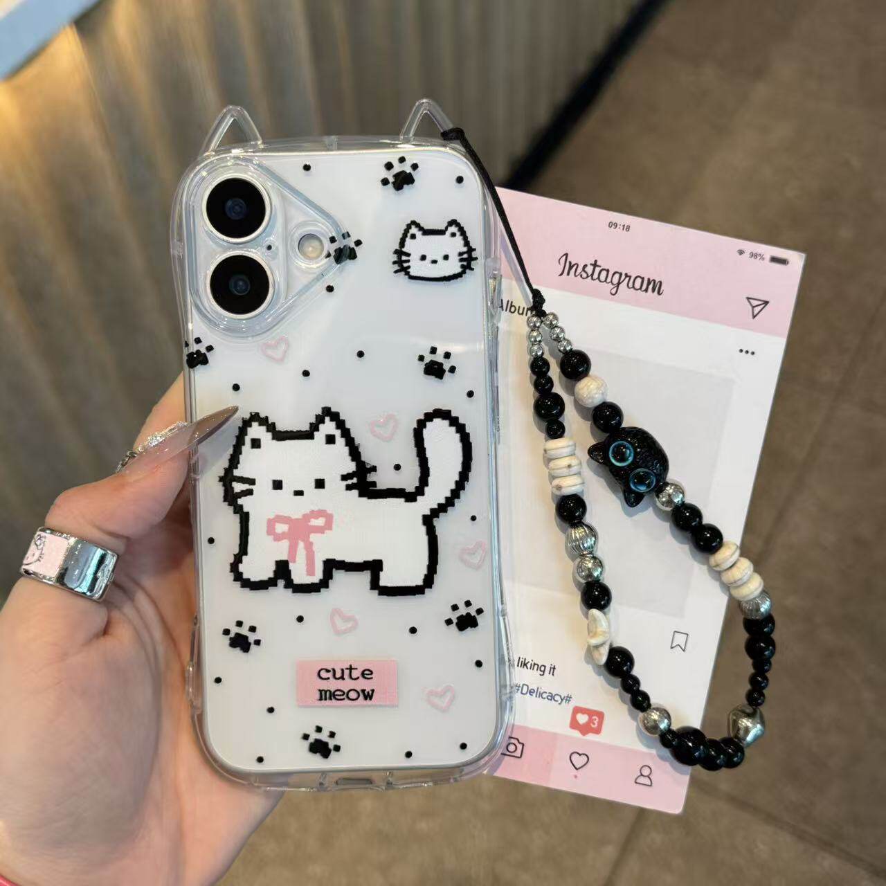像素风小猫挂绳适用苹果17promax猫耳朵手机壳iPhone16pro小众14/13pro全包透明vivo华为P70小米15oppo女款套