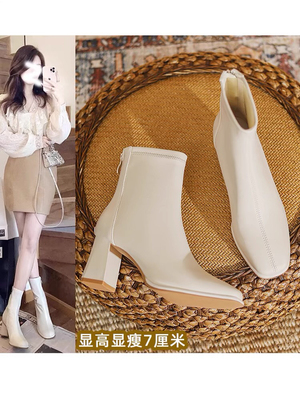 红青蜓真皮粗跟短靴女秋冬加绒方头法式高跟鞋马丁裸靴瘦瘦靴子女