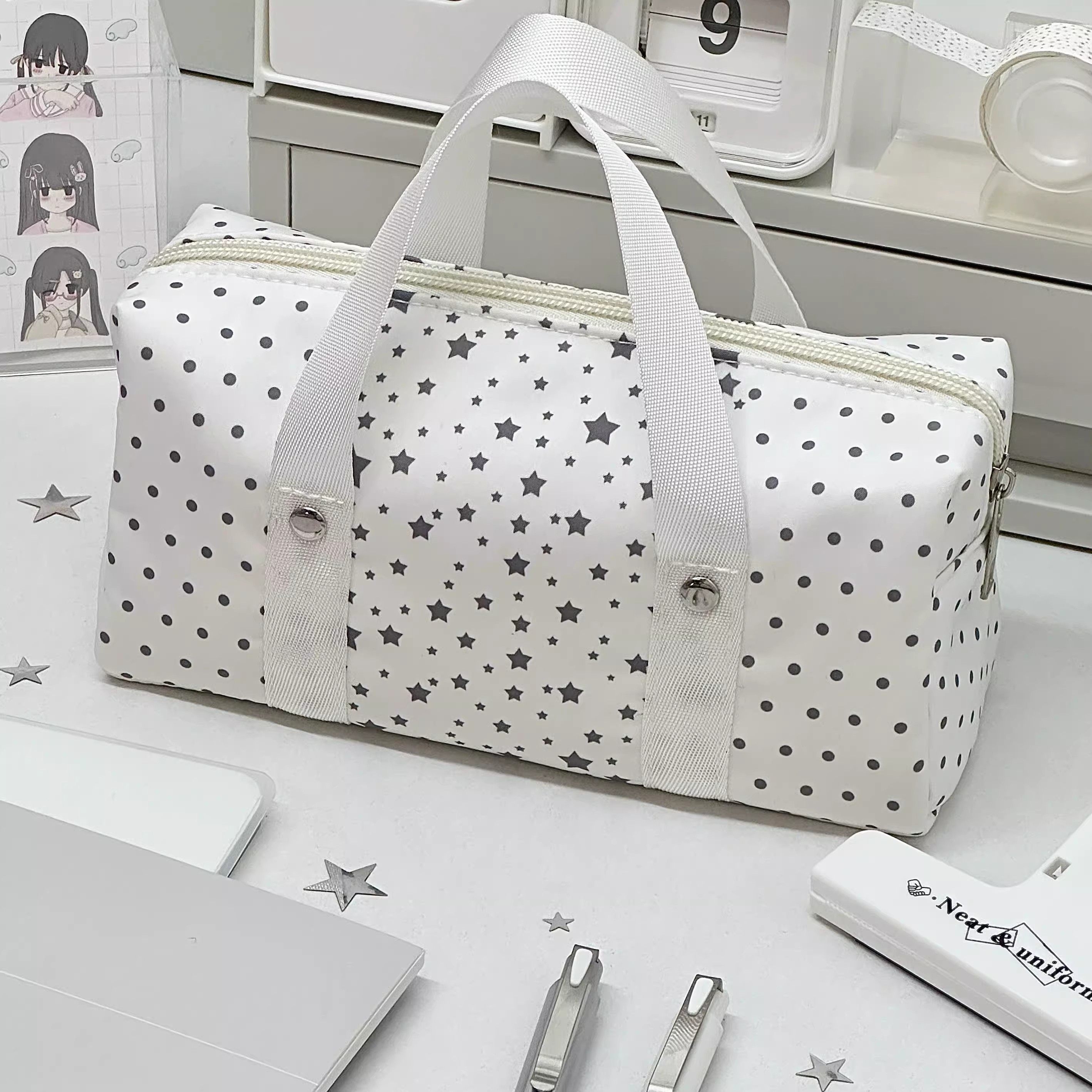 新款白色波点星星手提笔袋高颜值学生拼接铅笔盒多功能多层收纳袋,文具电教/文化用品/商务用品,笔袋,淘宝优惠券,粉丝福利购,淘宝优惠卷