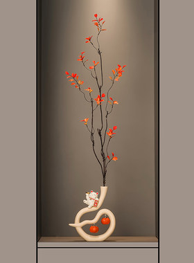 创意现代事事如意招财猫花艺摆件中式细长花瓶客厅玄关壁龛装饰