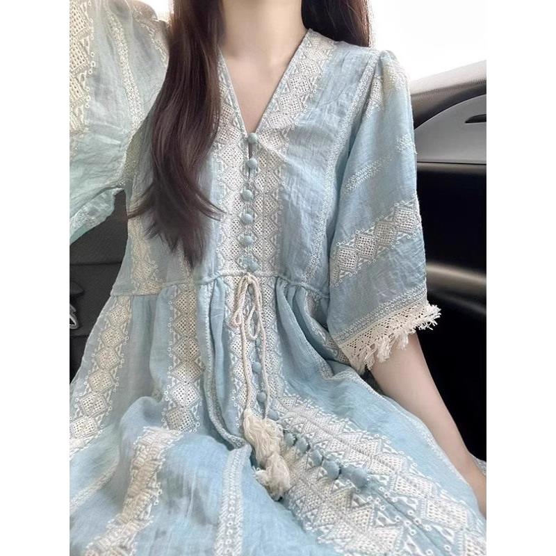 法式蓝色刺绣连衣裙女夏