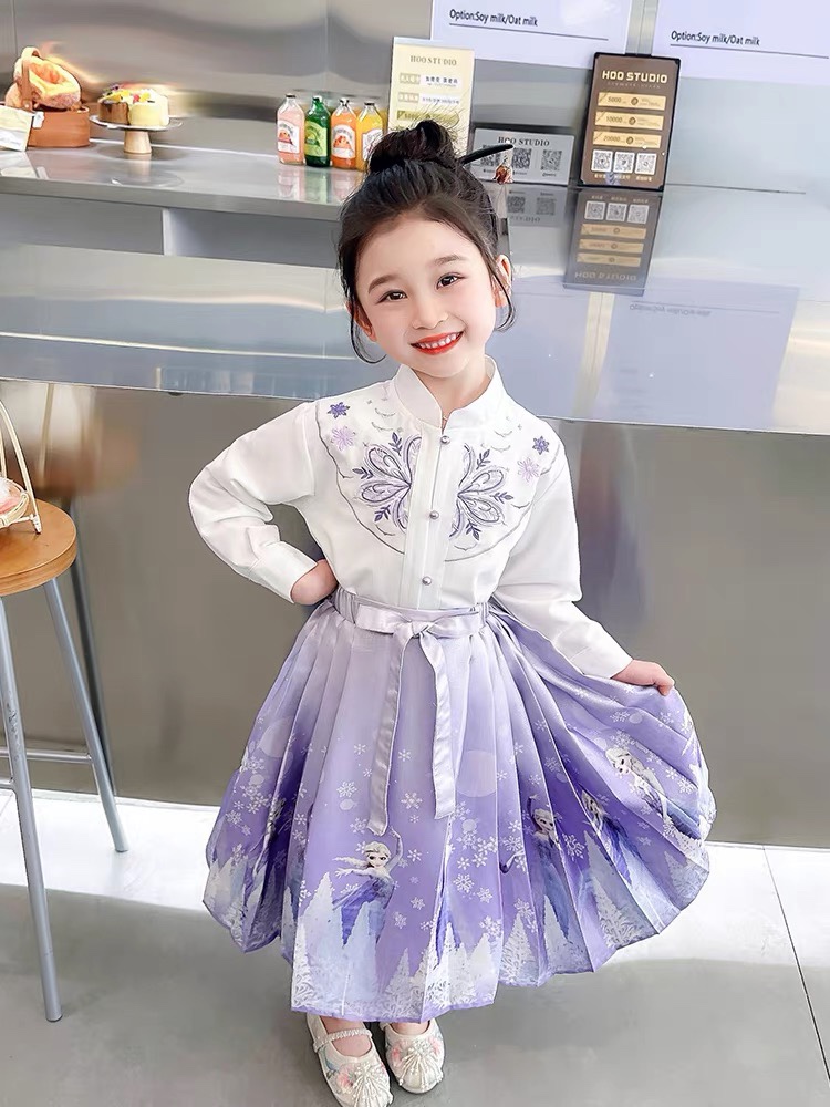 2024春装女童裙子儿童公主裙艾莎马面裙小女孩长袖中国风汉服