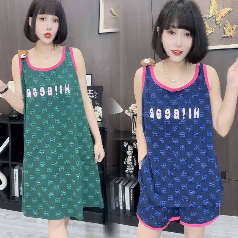【精品】宽松大码无袖T恤背心睡裙女夏薄款甜美中长款睡衣家居服