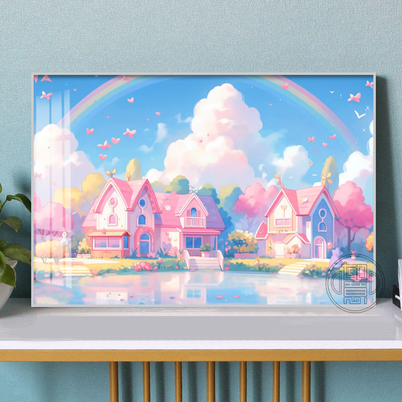 钻石画满钻粉色童话小镇粘钻画
