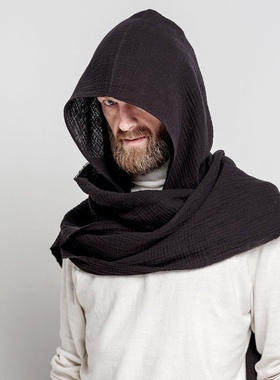 男女异域风围巾加帽子复古棉麻纯色多功能保暖民族风户外沙丘披肩