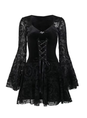 Ms XIDU幽灵少女暗黑系哥特复古丝绒黑色连衣裙万圣节party服装裙