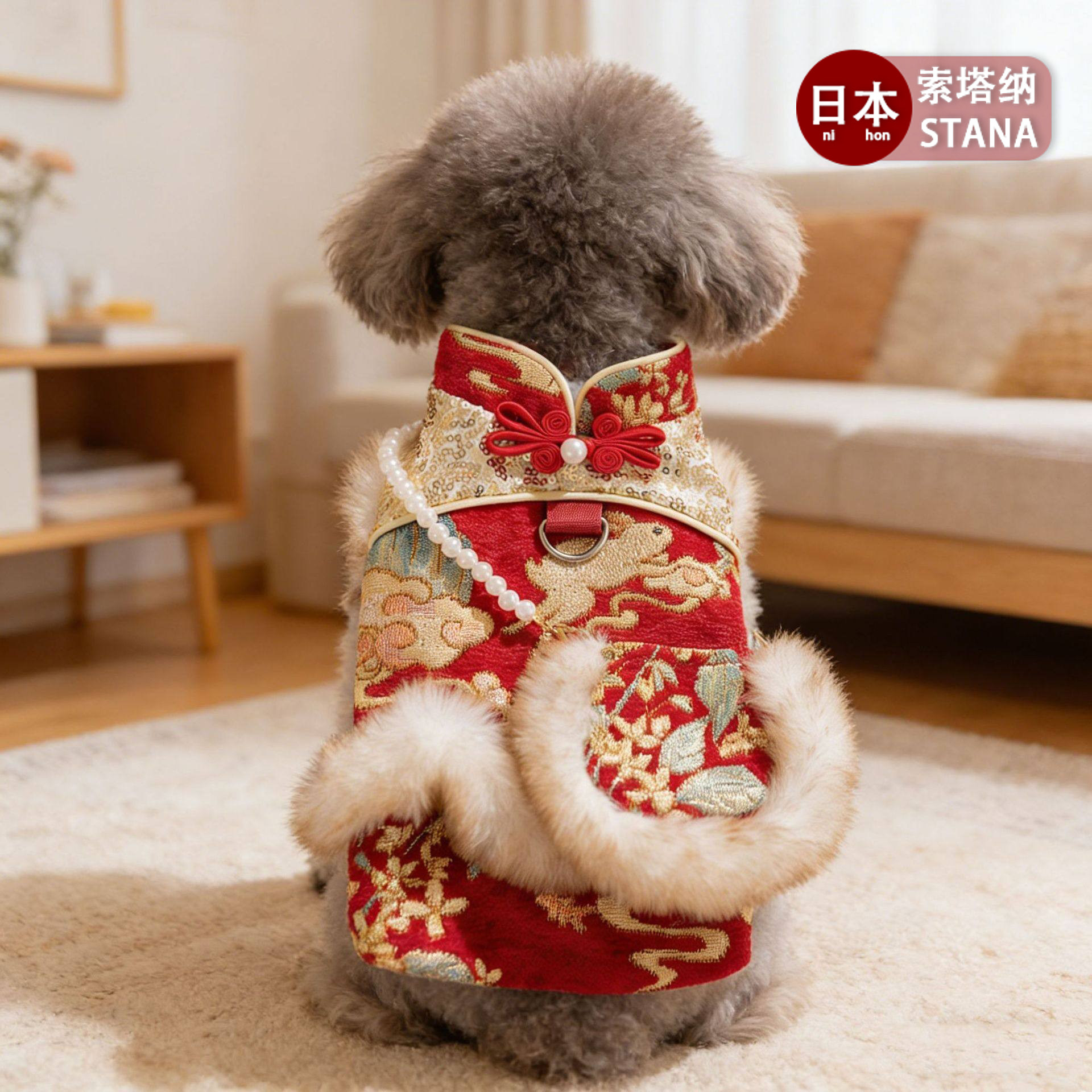 日本新年狗狗衣服保暖两脚衣马甲小型犬猫咪过年唐装国风宠物服装