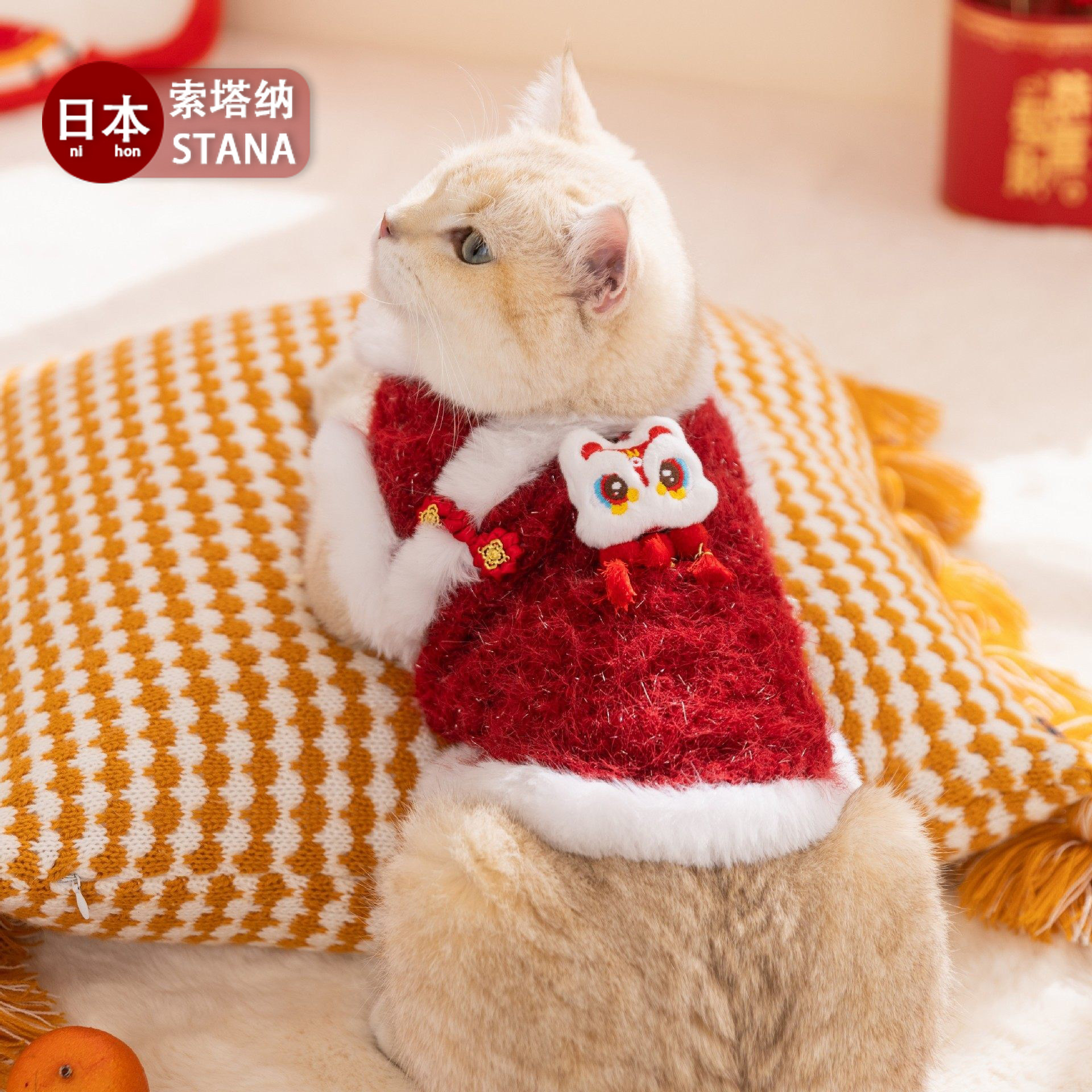 日本猫衣服新年唐装红色可爱醒狮发财绒衣两脚棉衣小狗狗衣服宠物