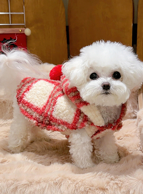狗狗新年衣服喜庆红色条纹毛呢披风加绒斗篷猫咪拜年服小型犬泰迪