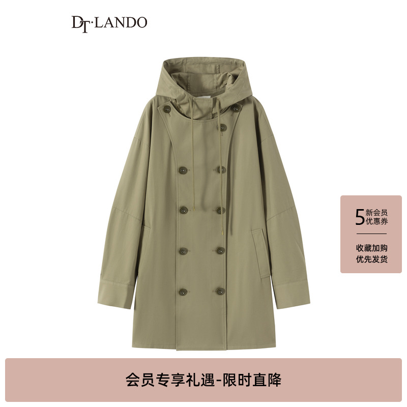 DTLANDO秋季连帽长袖风衣通勤韩版中长款外套女军绿棉质休闲百搭