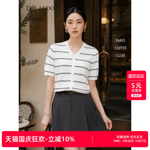 DTLANDO/26夏季新品V领条纹单排扣设计休闲百搭短袖针织开衫女