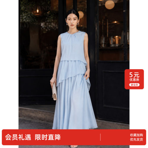 DTLANDO/商场同款26夏季新品温柔风圆领不规则拼接设计无袖连衣裙