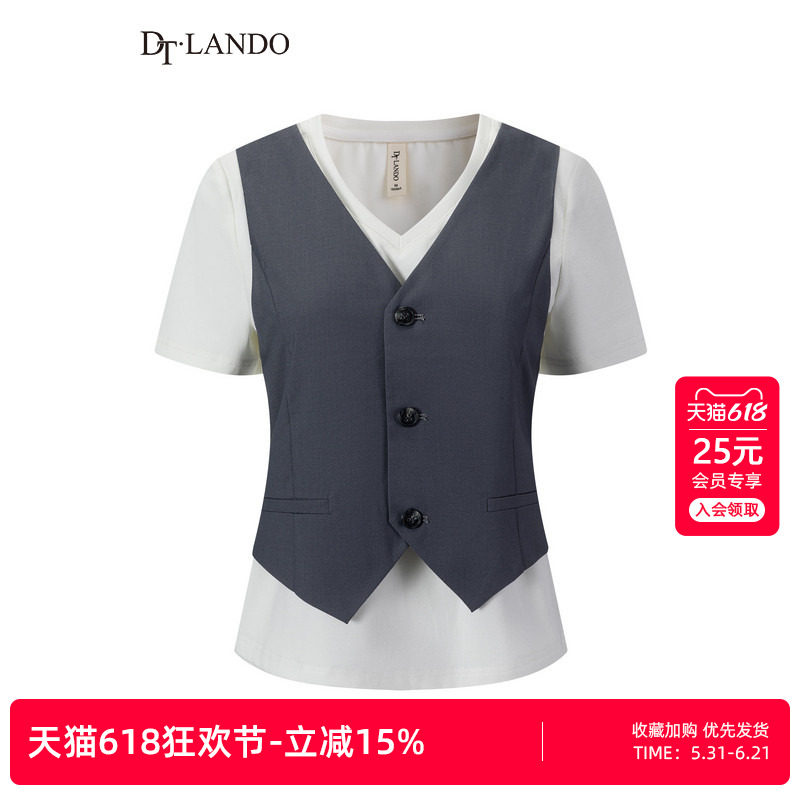 DTLANDO/26夏季新品V领西装马甲拼接设计收腰显瘦假两件短袖T恤女