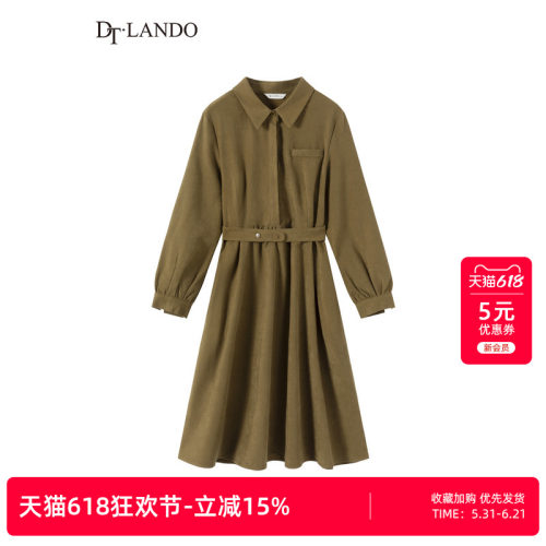 DTLANDO春季长袖连衣裙文艺复古中长裙方领纯色简约纯色连衣裙