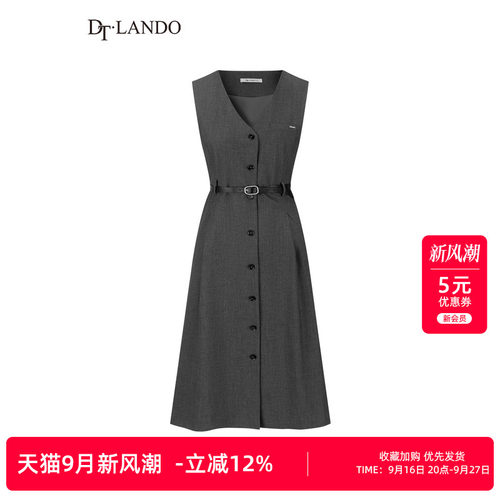 DTLANDO春季女装无袖连衣裙收腰扣饰设计师品牌中长款背带裙子