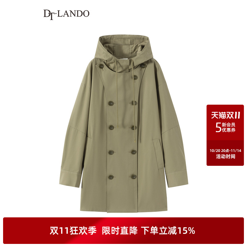 DTLANDO秋季连帽长袖风衣通勤韩版中长款外套女军绿棉质休闲百搭