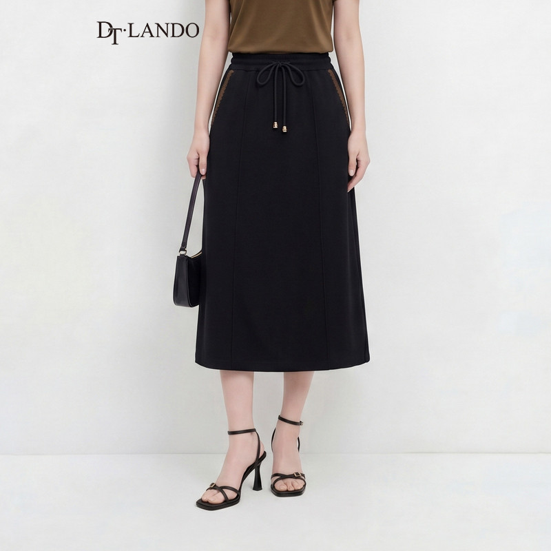 DTLANDO半身裙春季女休闲抽绳设计感直筒黑色H型卫裙半裙