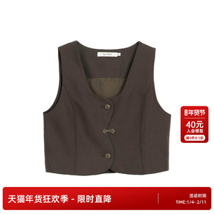 DTLANDO女装秋季棕绿色V领无袖马甲外套上衣设计师品牌