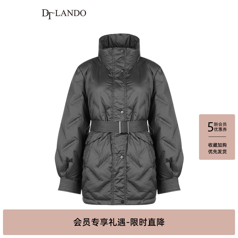 DTLANDO冬季女装时尚百搭收腰设计感黑色立领中长款羽绒服
