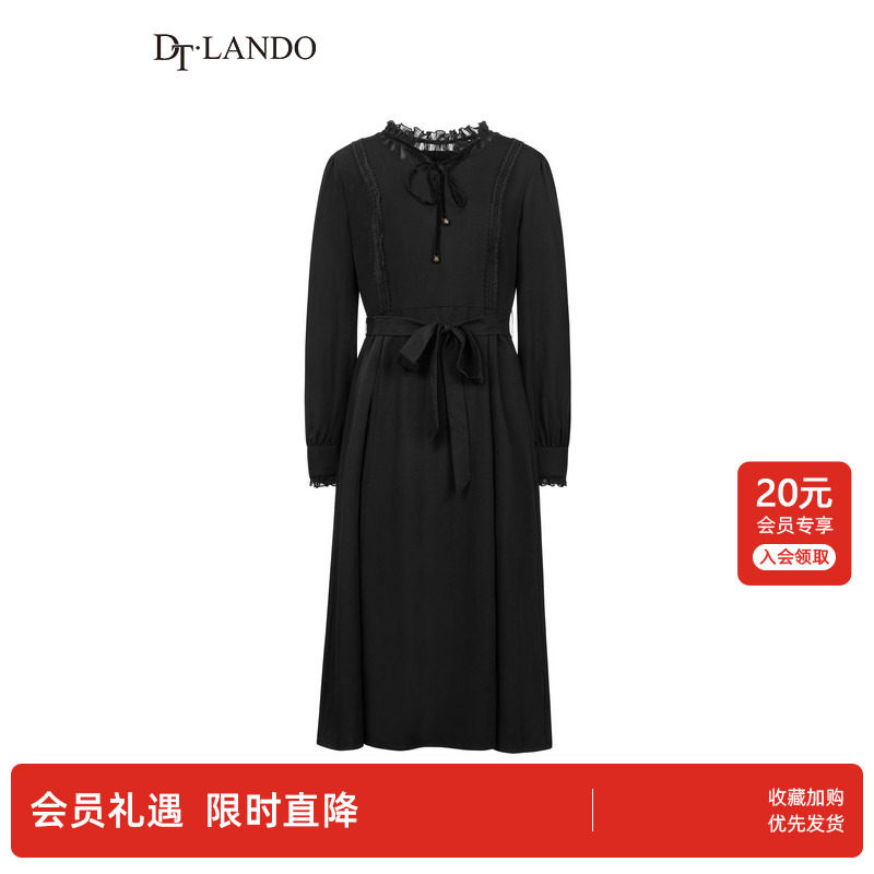 DTLANDO春季款女装时尚显瘦木耳边系带收腰黑色长袖连衣裙