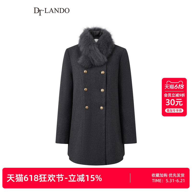 DTLANDO/商场同款26春新品女装狐狸毛领双排金扣中长款羽绒大衣