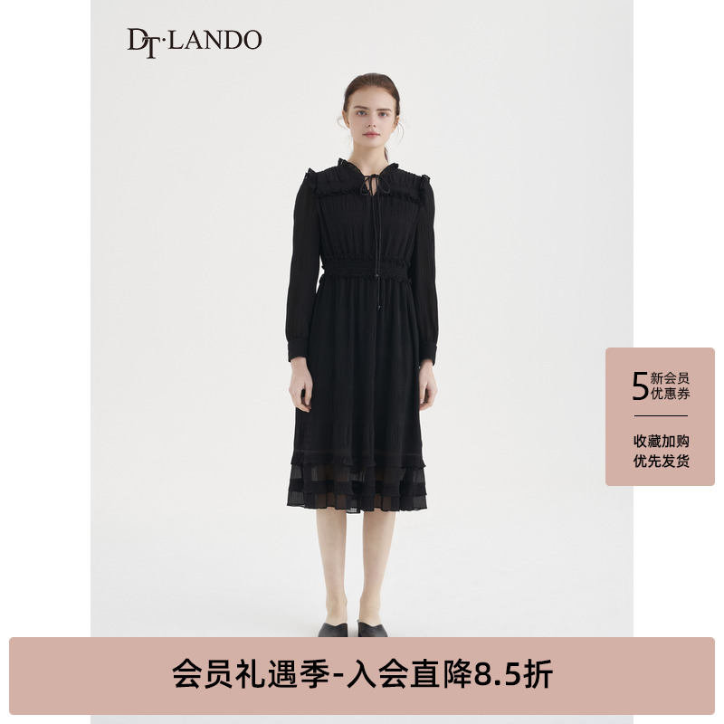 DT·LANDO秋季女装系带长袖肌理感褶皱设计高级感小黑裙连衣裙