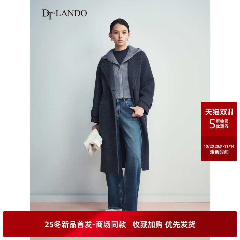 DTLANDO商场同款25冬新品女装百搭宽松含绵羊毛双面呢大衣外套