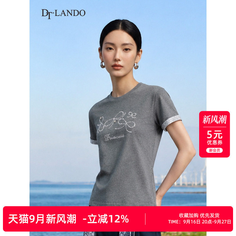 DTLANDO/商场同款26夏季新品温柔风圆领印花设计蕾丝短熵T恤女