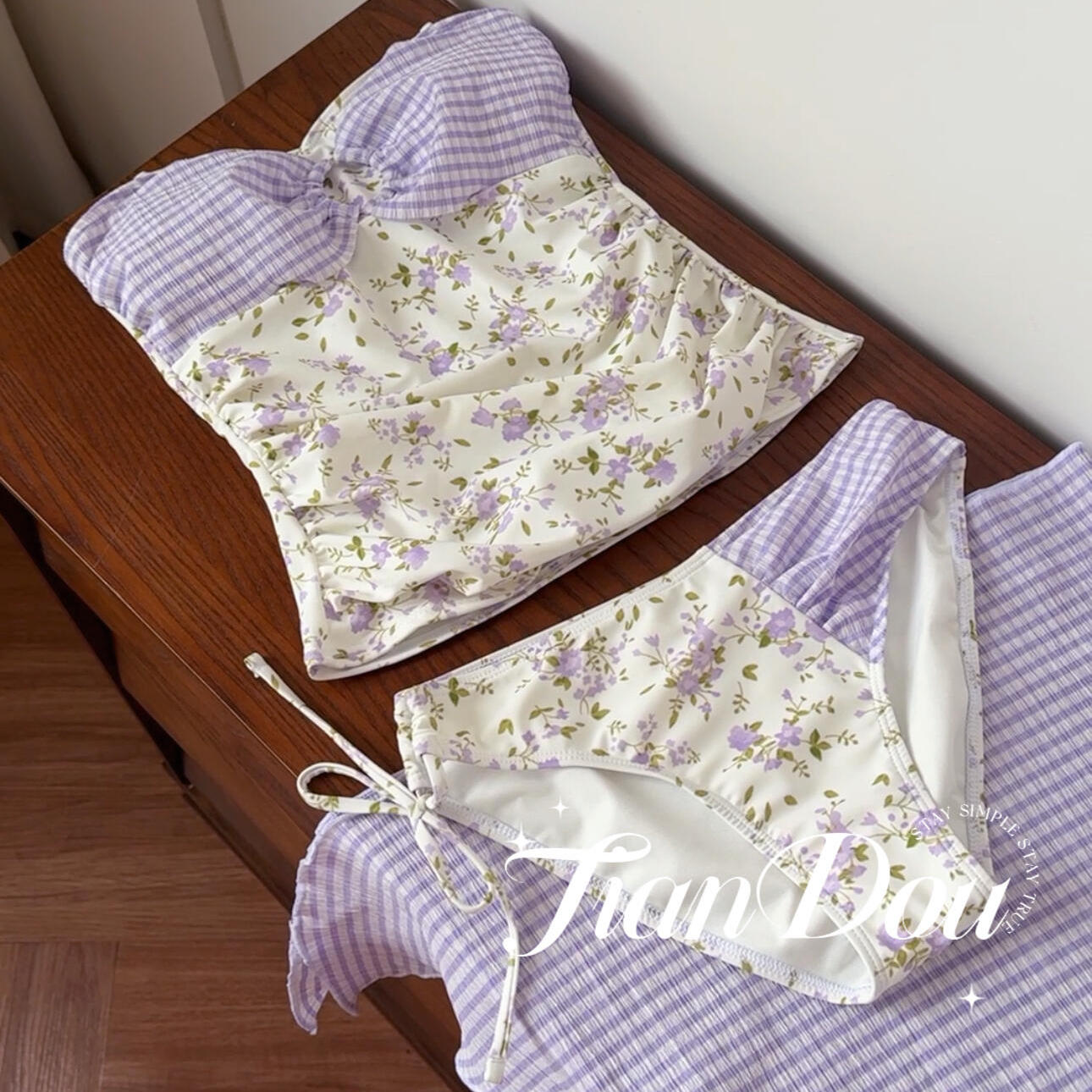 【紫色小碎花】高级感绝美元气少女碎花度假温泉分体泳衣比基尼女