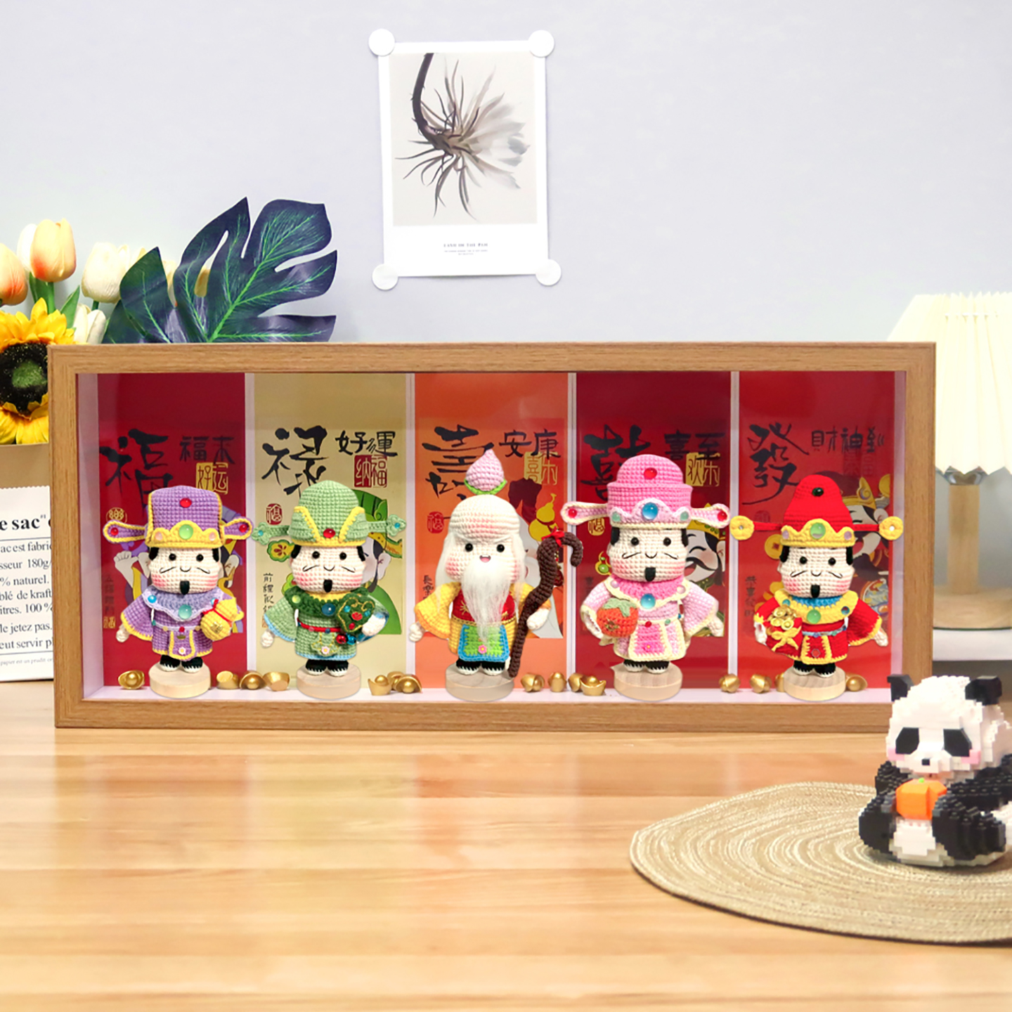 五路财神毛线娃娃收纳防尘中空6原木色相框可摆可挂20*50内径