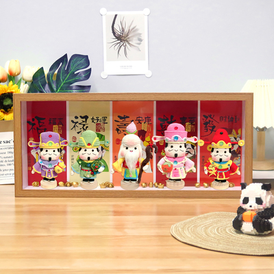 五路财神毛线娃娃收纳防尘中空6原木色相框可摆可挂20*50内径