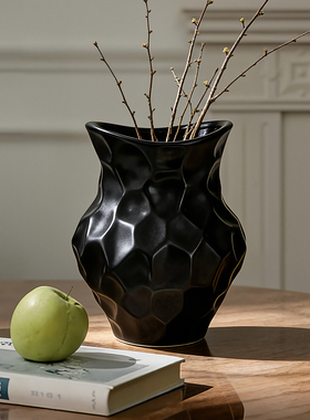 中古风小众黑色陶瓷花瓶客厅餐桌茶几装饰摆件轻奢高级感艺术花器