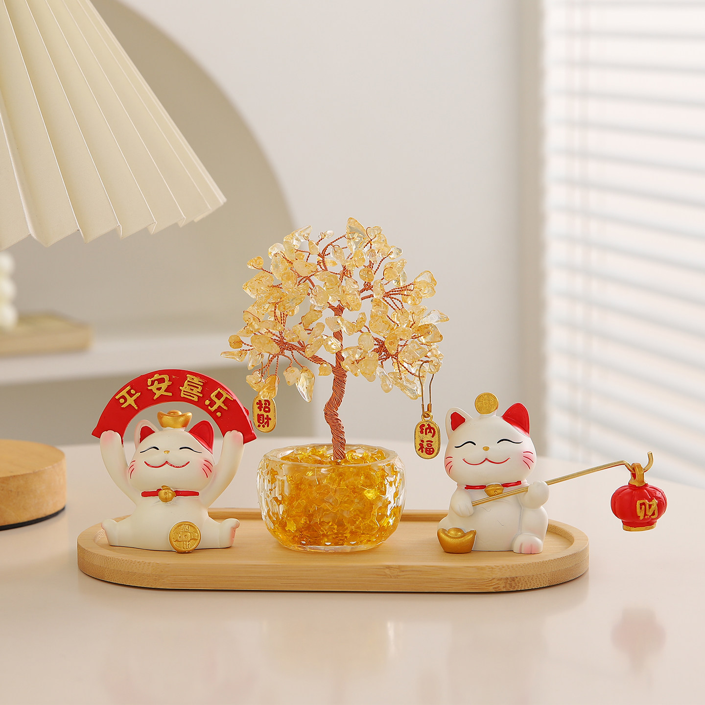 黄水晶发财树招财猫办公室工位好物桌面玄学摆件房间屋改造小物件