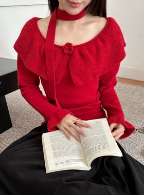 DIGM广州十三行女装2025秋冬花朵荷叶边飘带一字肩毛衣女DA81609