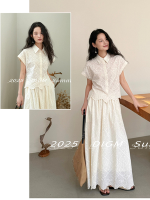 DIGM2025夏季新款法式复古镂空刺绣翻领衬衫+高腰显瘦半身裙套装