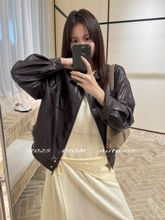 新款 DIGM2025秋季 韩系简约百搭宽松显瘦翻领拉链皮衣外套女